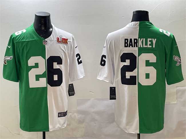 Men's Philadelphia Eagles #26 Saquon Barkley Green White Split 2025 Super Bowl LIX Patch Vapor Untouchable Limited Stitched Jersey Dzhi,We sell and wholesale Men's Philadelphia Eagles #26 Saquon Barkley Green White Split 2025 Super Bowl LIX Patch Vapor Untouchable Limited Stitched Jersey Dzhi on line form chian!